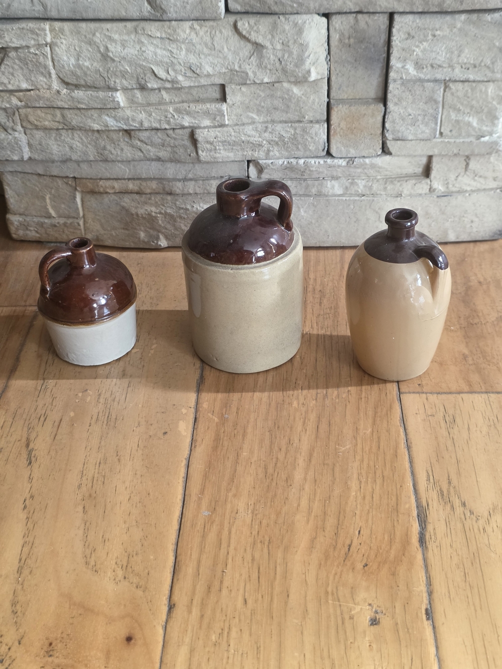 Set of 3 Two-Tone Miniture Wiskey Jug Stoneware Jugs - Brown and Tan